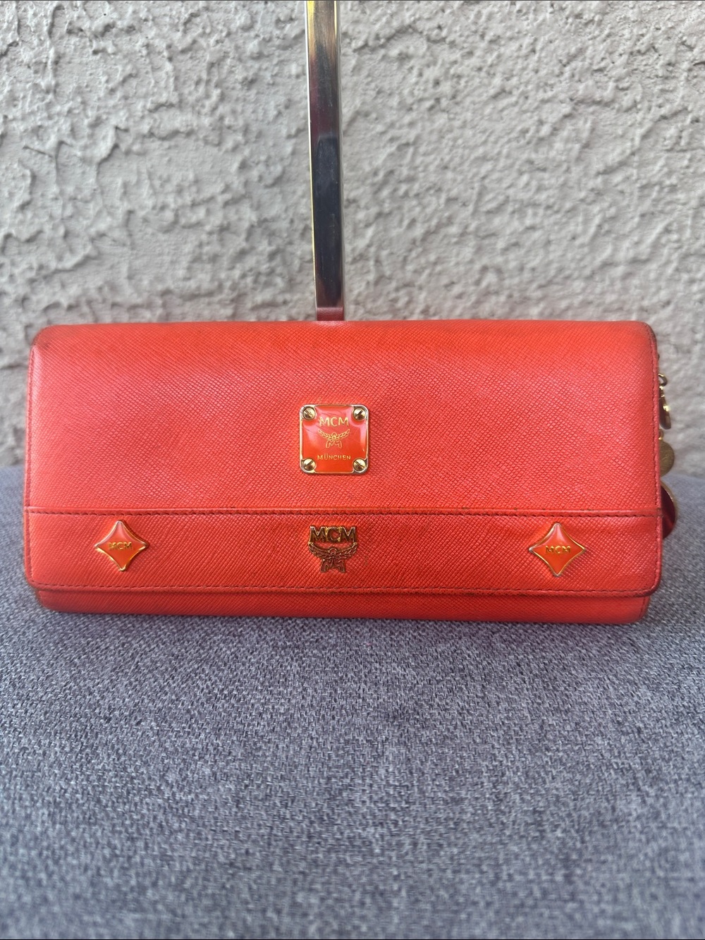 MCM Red Saffiano Leather Zip Wallet with Gold Hardware and Charms